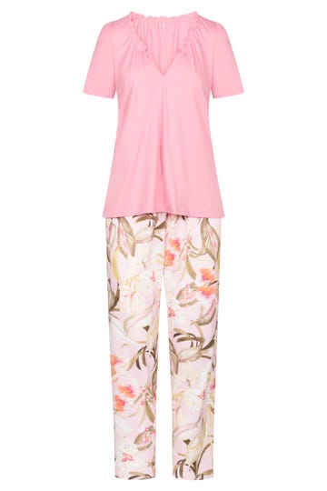 Pyjama mit romantischem Blütendruck Wellensaum verspielt Baumwolle/Modal