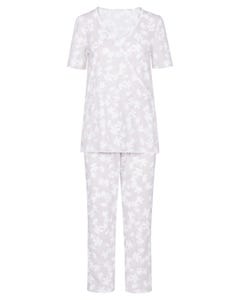 Pyjama kurz im Blumendruck Wickeloptik Spitzenband 100% Baumwolle