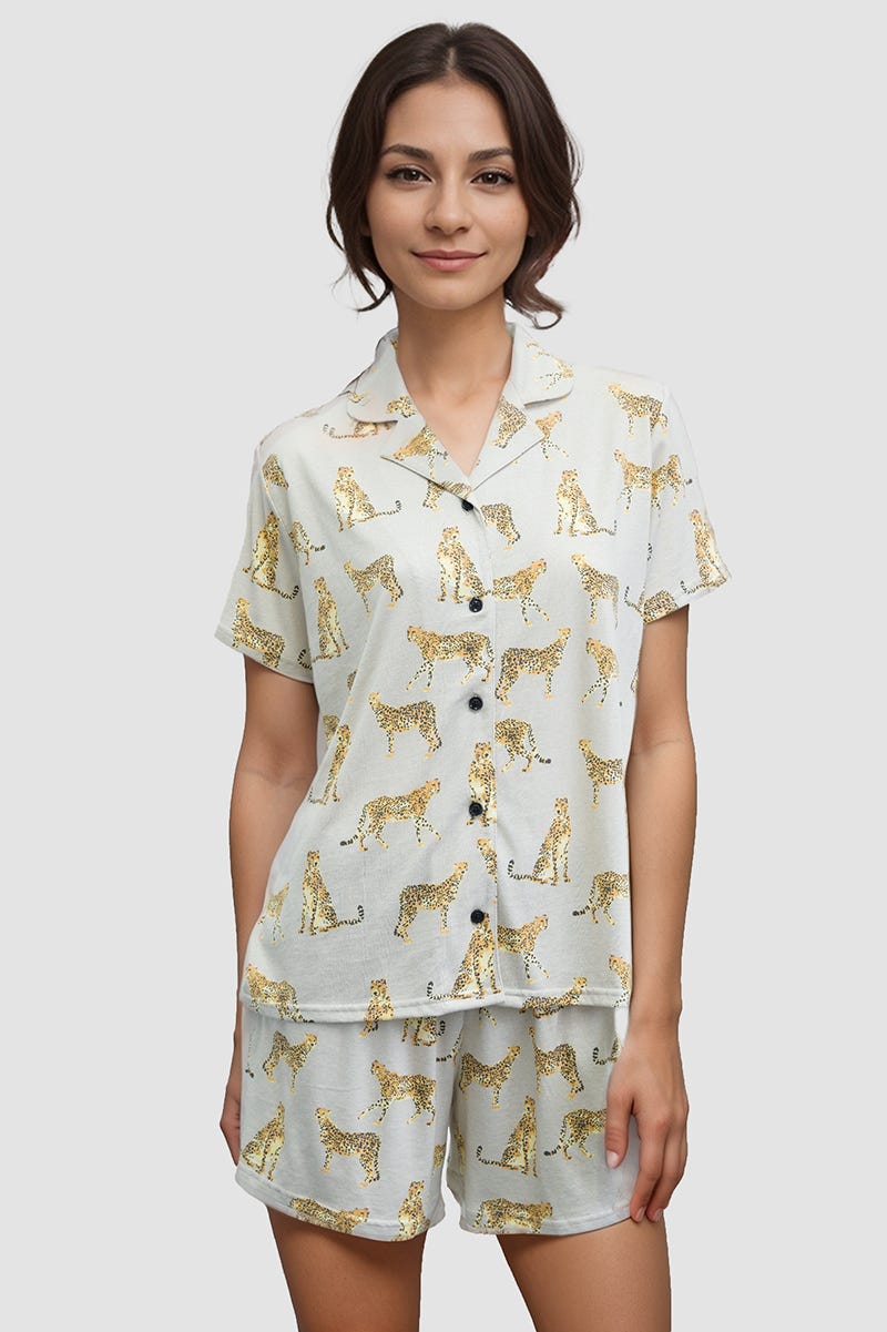 Pyjama im Leoparden-Druck Herrenhemdstil aus 100% Baumwolle