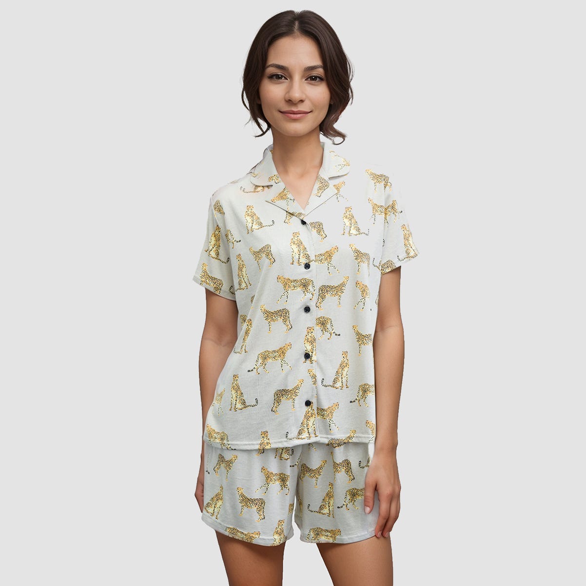 Pyjama im Leoparden-Druck Herrenhemdstil aus 100% Baumwolle
